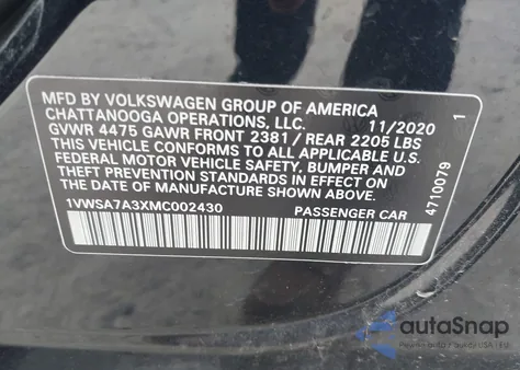 2021 Volkswagen Passat 2.0T Se z USA, uszkodzony, nr VIN 1VWSA7A3XMC002430